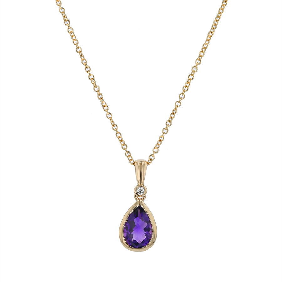 Pear Amethyst and Diamond Pendant in 14K Yellow Gold, 18" chain
