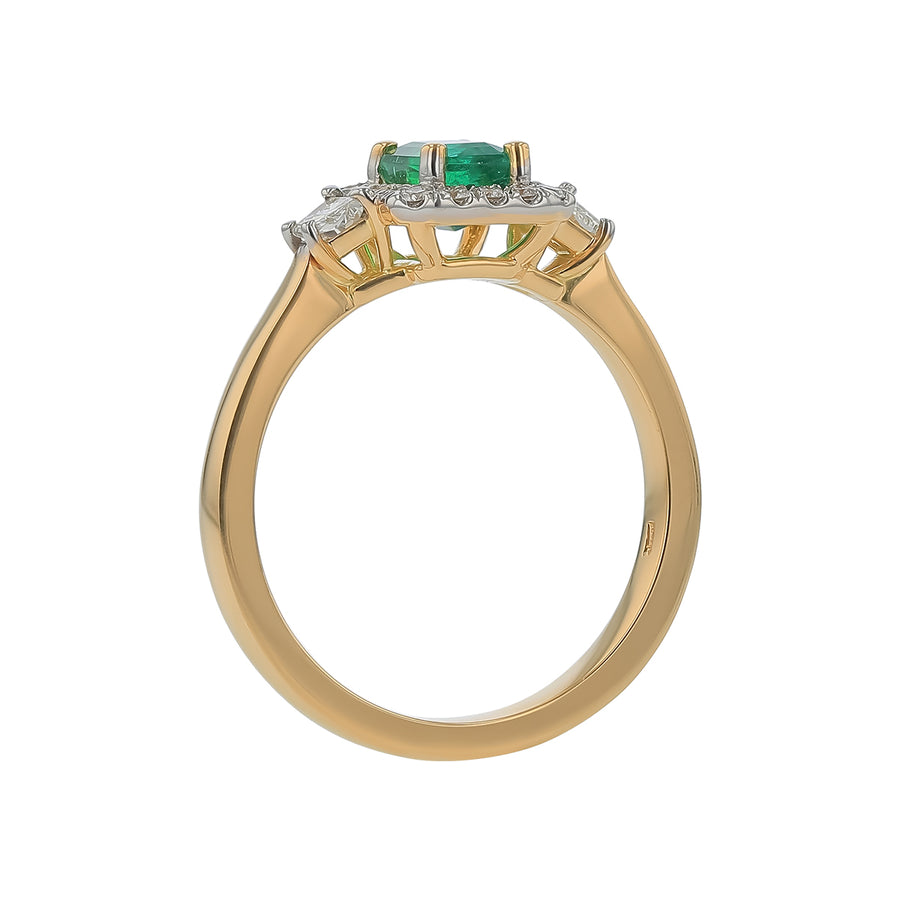 0.64ct Emerald Cut Zambian Emerald and 0.19ct Diamond Halo Ring in 18K Yellow Gold, Size 6