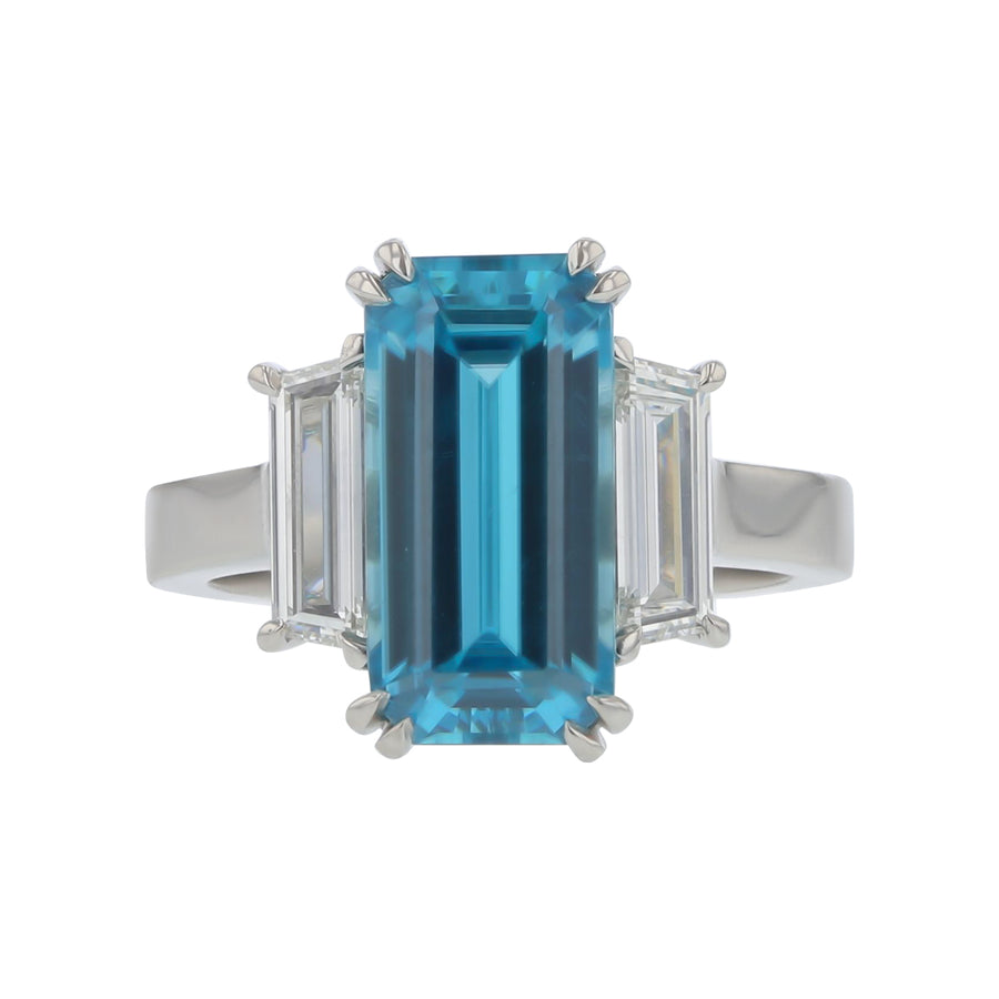 6.31ct Emerald Cut Cambodian Blue Zircon and 0.88ct Trap Diamonds 3 Stone Ring in Platinum, Size 6