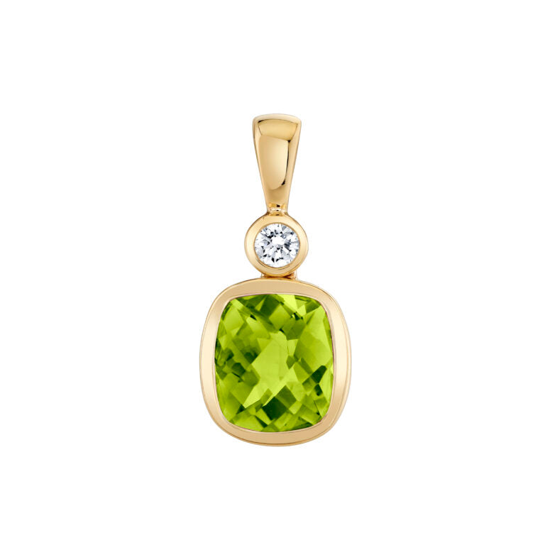 2.05ct Cushion Peridot and 0.09ct Bezel Pendant in 14K Yellow Gold, 18" chain