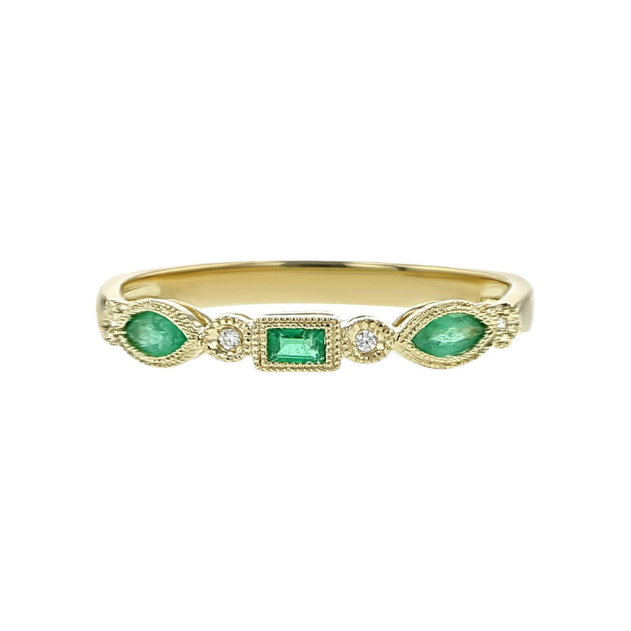 0.20ct Marquise and Baguette Emerald and 0.013ct Diamond Band in 14K Yellow Gold, size 6.5
