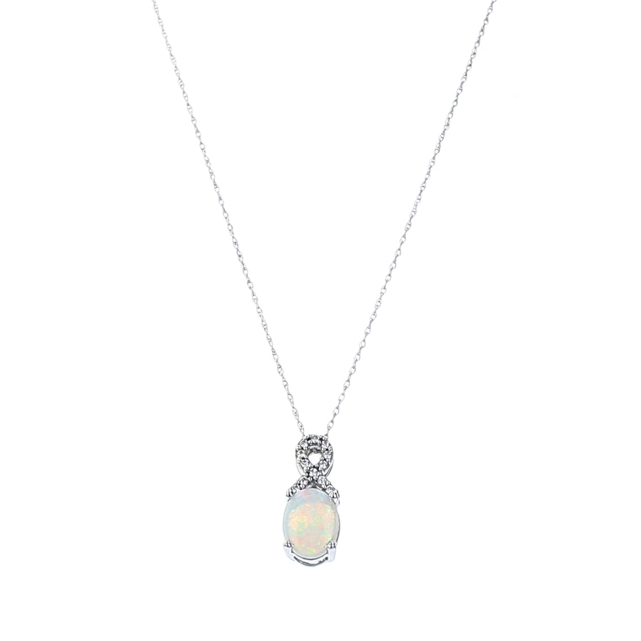 1.10ct White Opal Cabochon Australian Opal and 0.07ct Round Diamonds Pendant in 14K White Gold, 18" Rope Chain