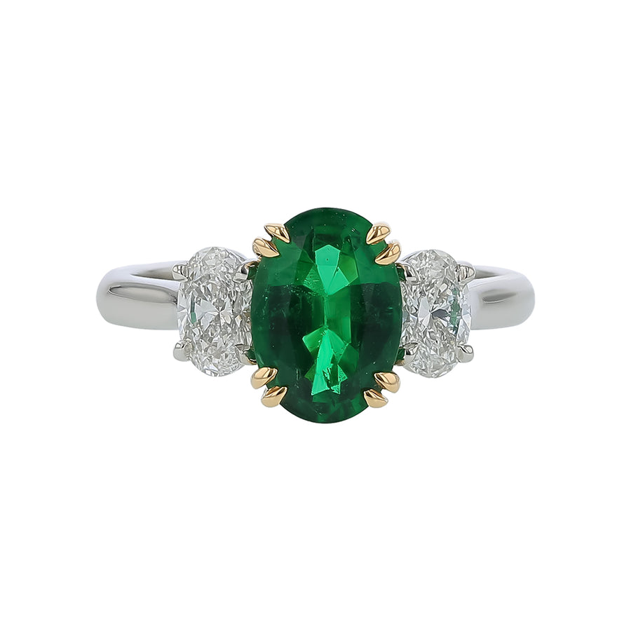 1.49ct Oval Zambian Emerald and 0.77ct Diamond 3 Stone Ring in Platinum and 18K Yellow Gold, Size 6.75