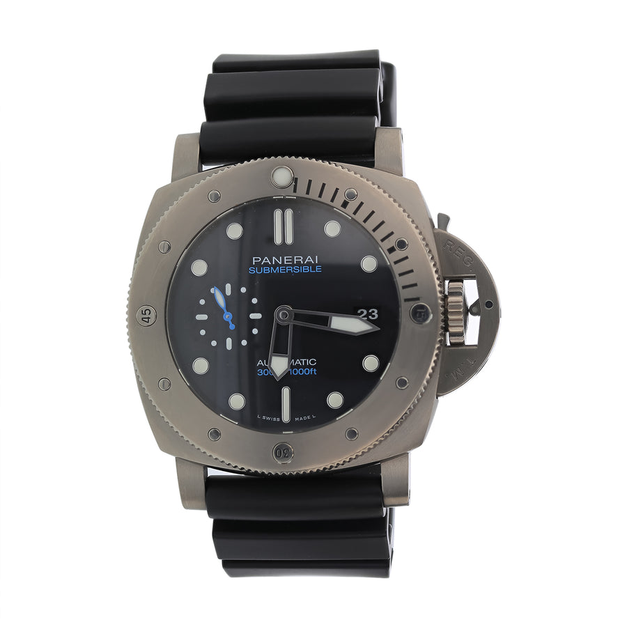 47mm Panerai Submersible Watch with Black Dial in Stainless Steel, Rubber Strap