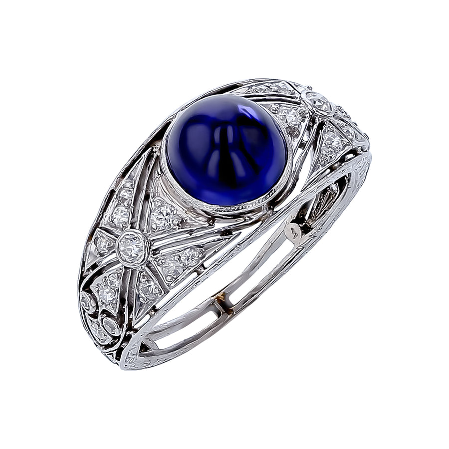 Cabochon 2.54ct Sapphire and 0.28ct Diamond Filigree Ring in Platinum, size 6