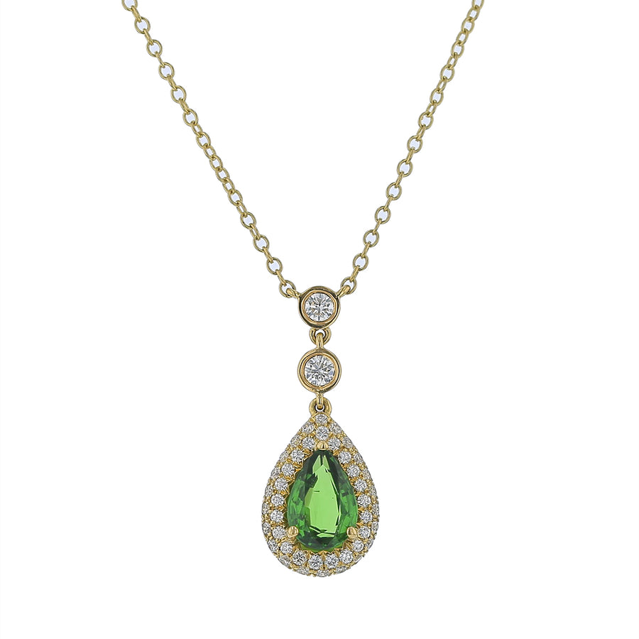 1.09ct Pear Shaped Tsavorite and 0.35ct Diamond Halo Necklace in 18K Yellow Gold, 16"