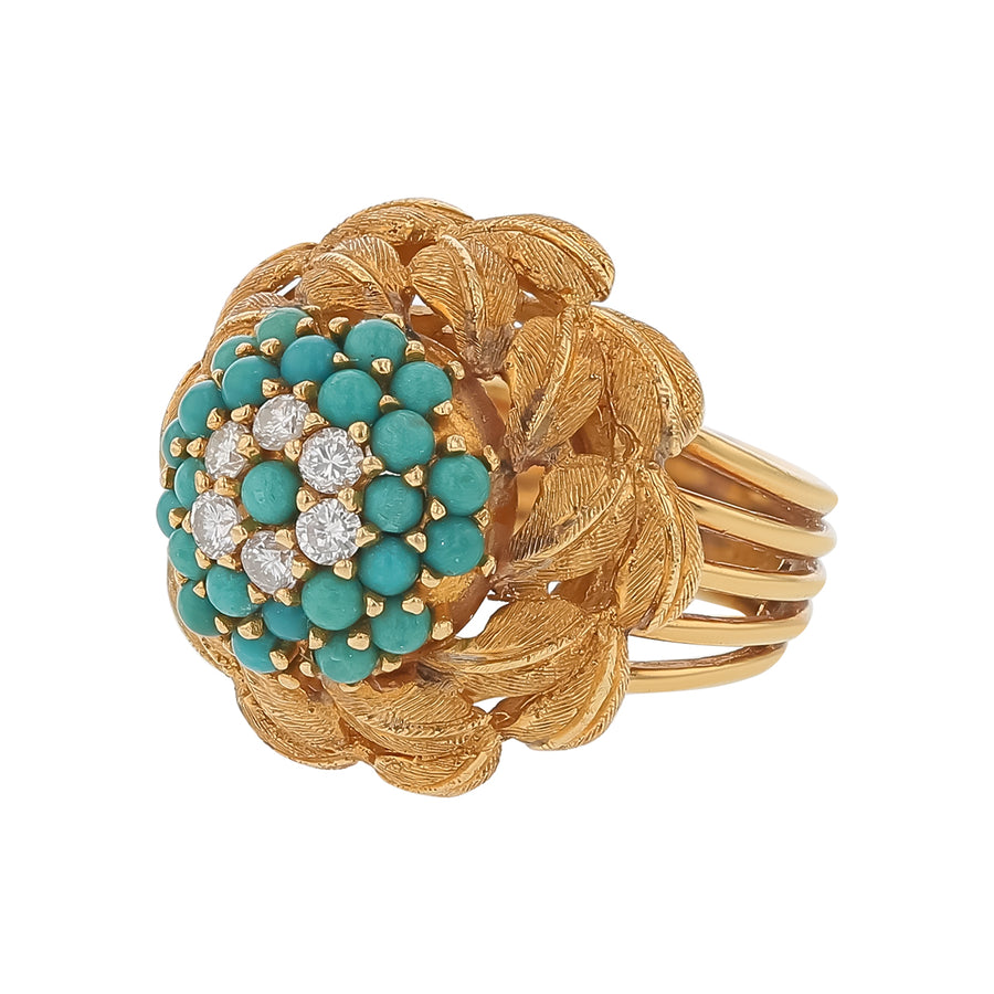 0.24ct Diamond and Turquoise Flower Motif Halo Ring in 18K Yellow Gold, size 5