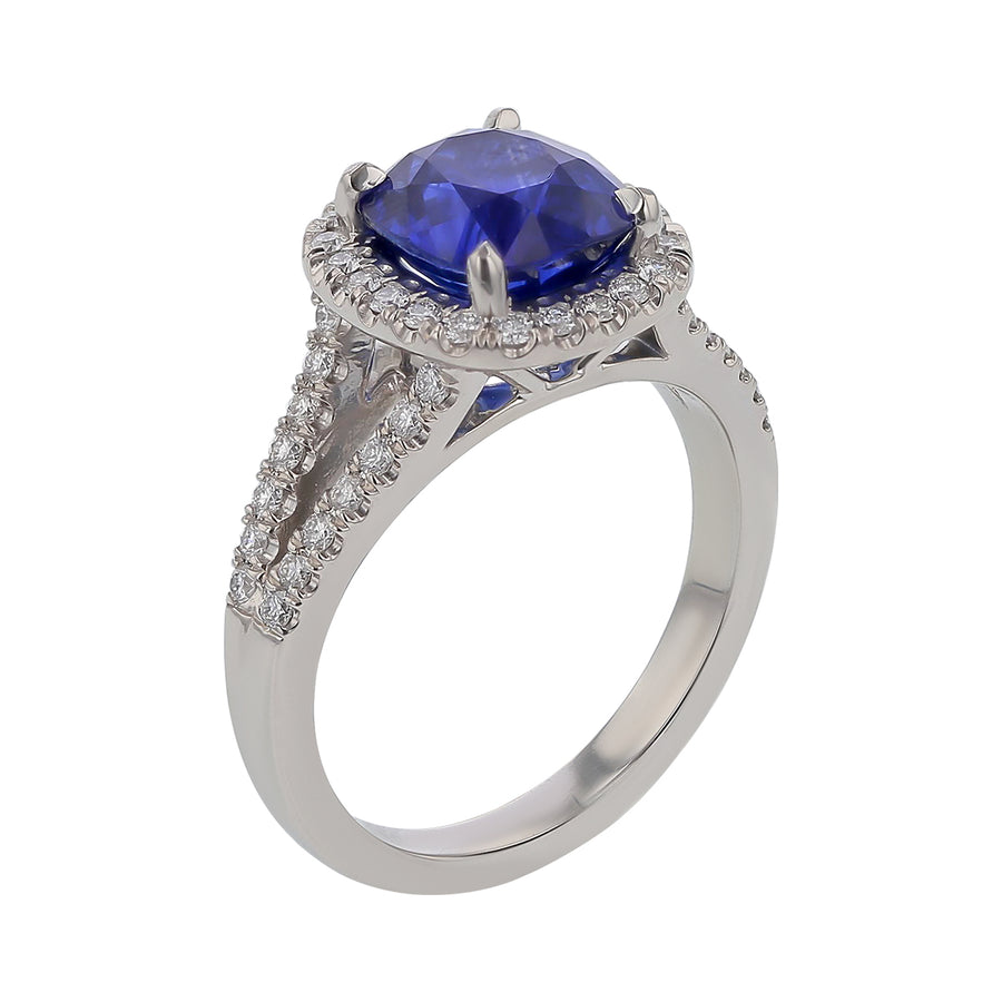 3.22ct Ceylon Cushion  Sapphire 0.43ct Full Cut Diamonds Halo Ring in Platinum, Size 6.5