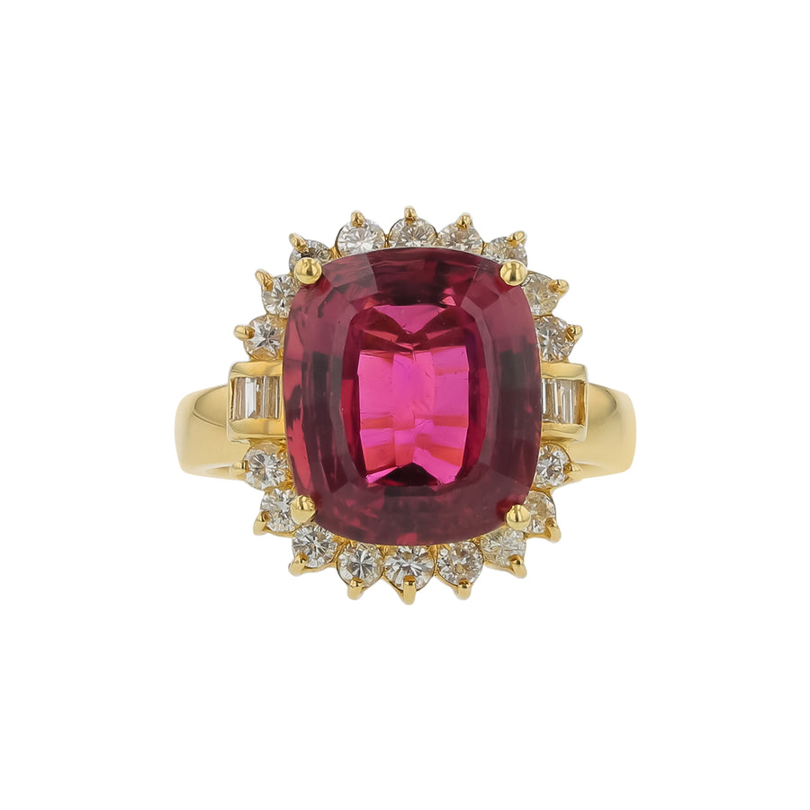 3.90ct Cushion Cut Tourmaline and 0.65ct Diamond Halo Ring in 14K Yellow Gold, size 5.75