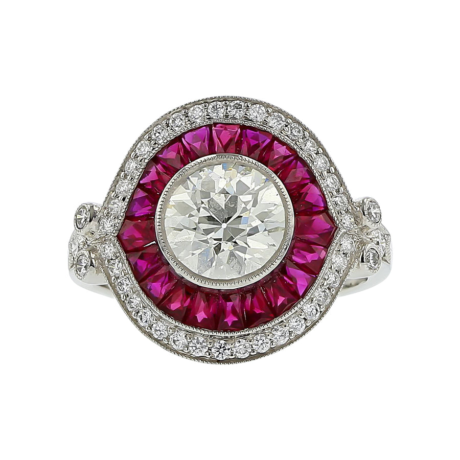 1.25ct Old European Cut Diamond with 0.33ct Full Cut Diamonds and 1.65ct Rubies Ring in Platinum