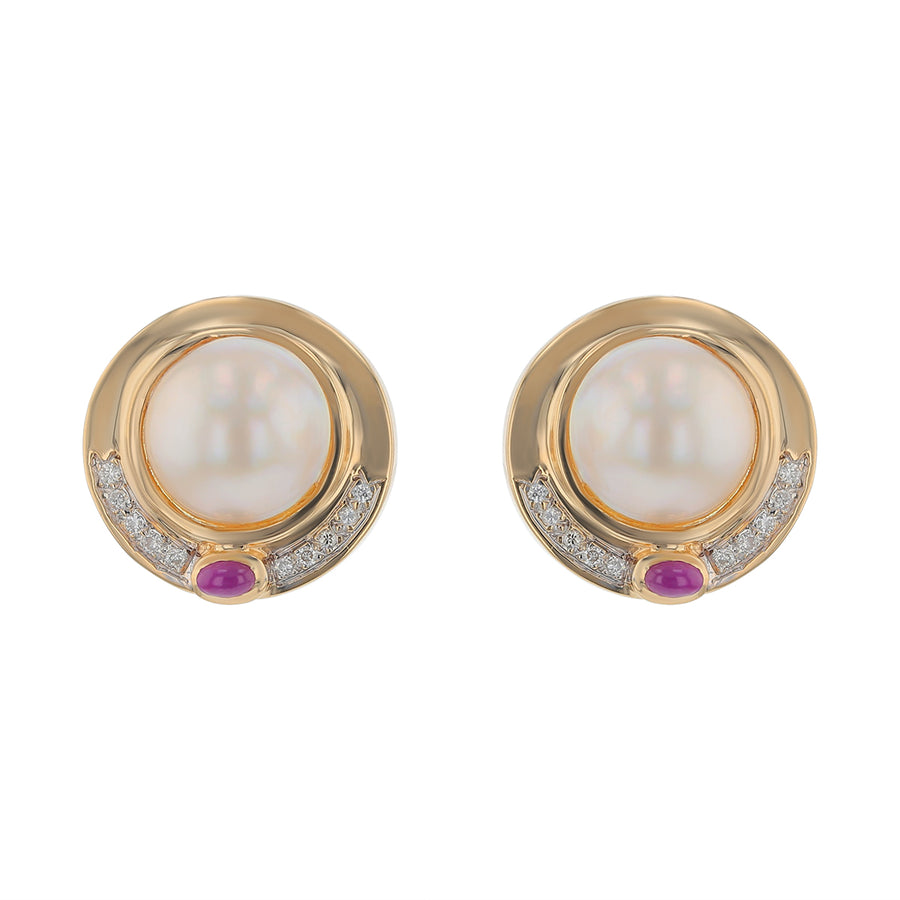 Pearl, Diamond, and Ruby Cluster Earrings in 14K Yellow Gold