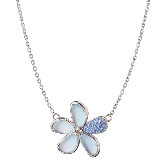 4.35ct Mother of Pearl and 0.22ct Blue Topaz Flower Necklace in Sterling Silver, 18"