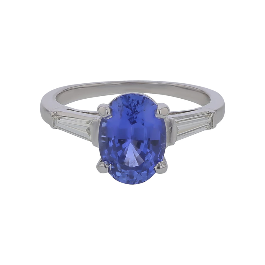 3.10ct Oval Sri Lankan Sapphire and 0.44ct Tapered Baguettes 3 Stone Ring in Platinum, Size 6.5