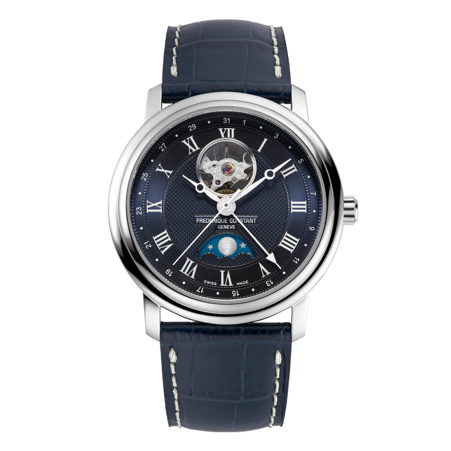 40mm Classics Heart Beat Moonphase Watch with Blue Dial in Stainless Steel, Strap