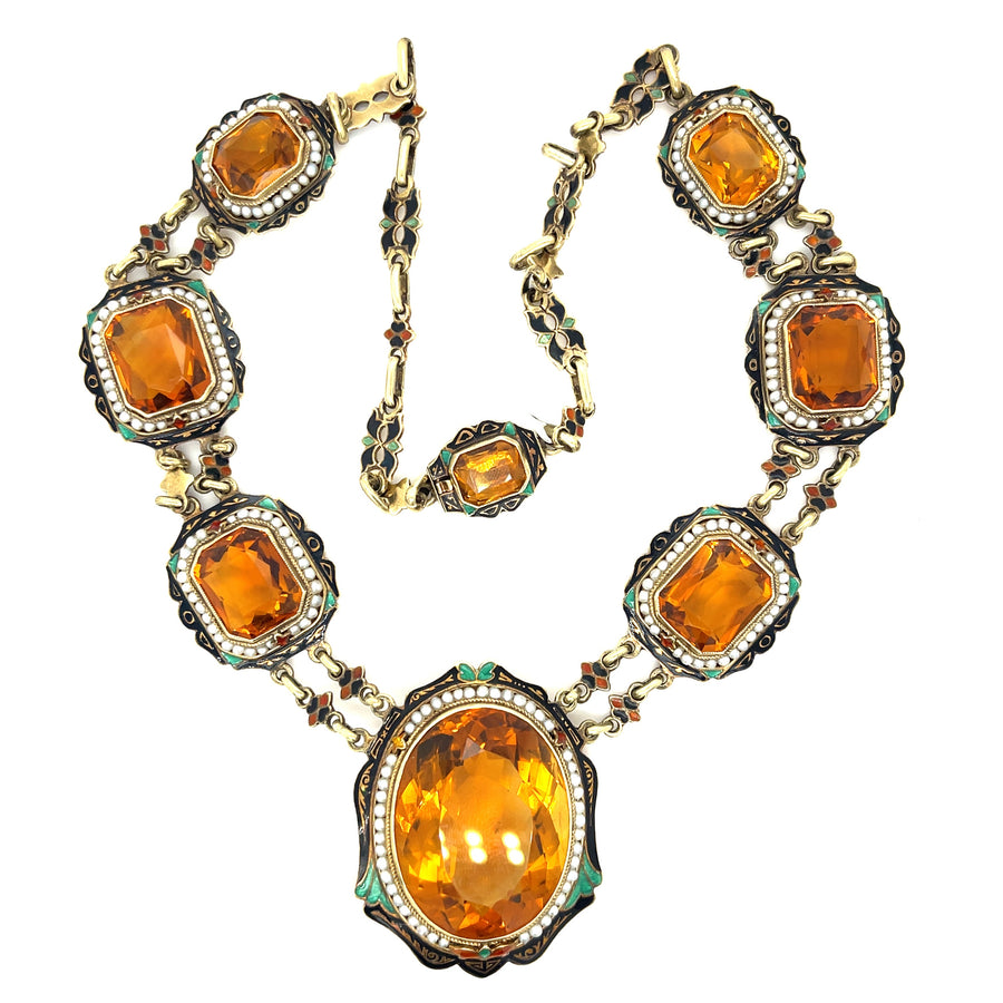 Art Deco 90.00ct Oval Madeira Citrine and Pearl Necklace in 14K Yellow Gold and Enamel 16" Circa 1920