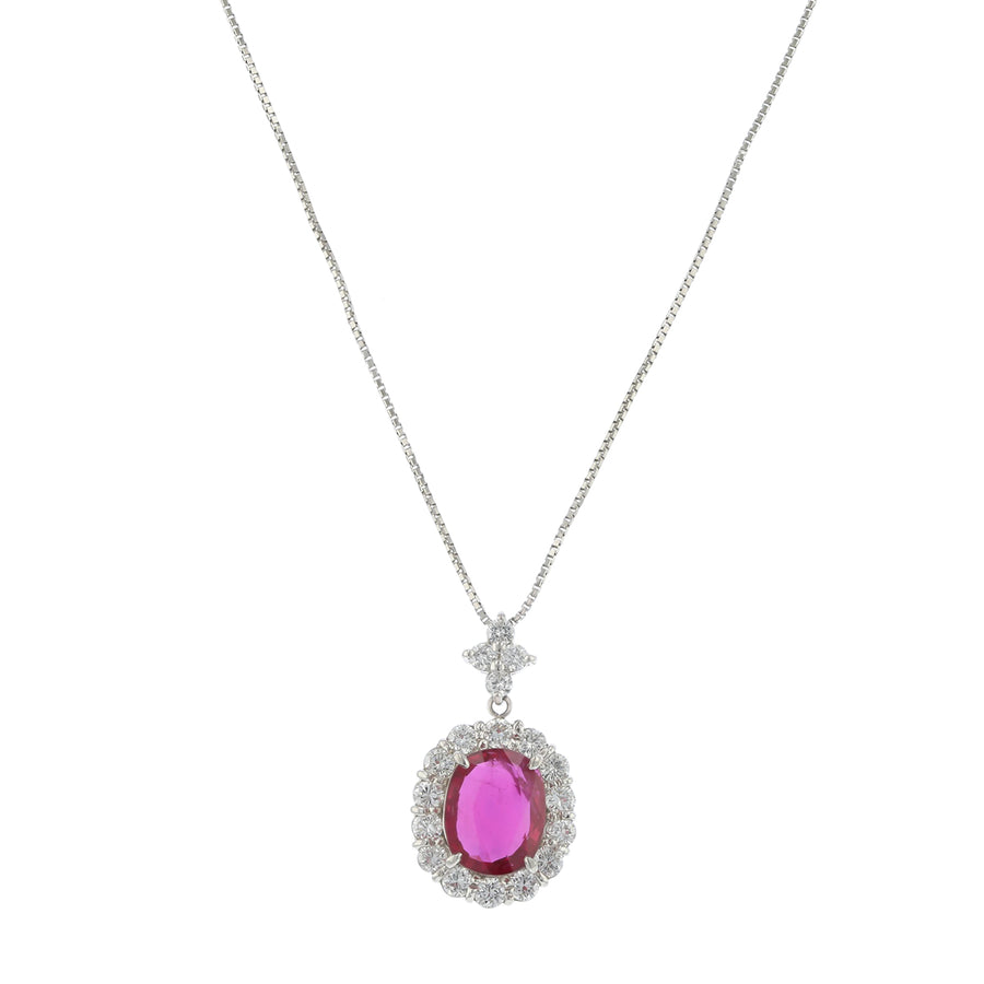 2.98ct Oval Ruby and 0.68ct Round Diamond Halo Pendant in Platinum, 17.5" chain