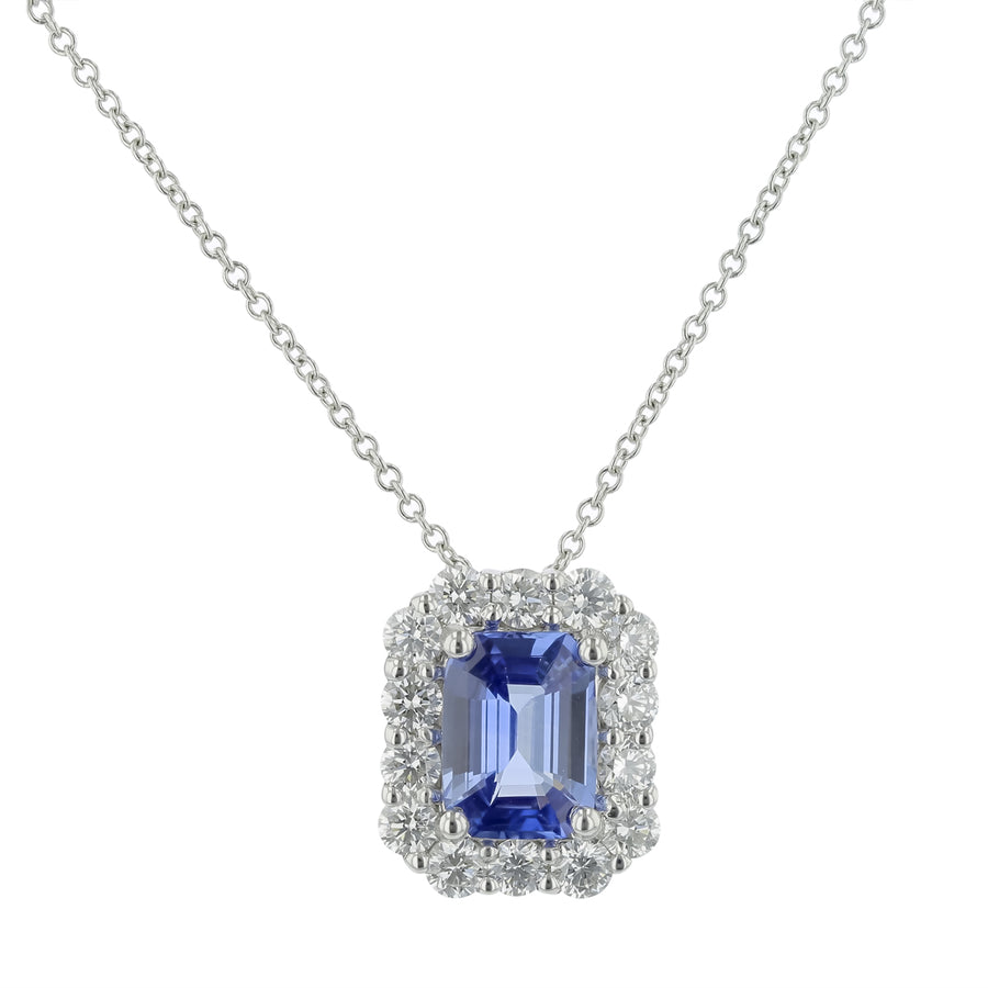 1.46ct Emerald Cut Sapphire and 0.71ct Diamond Halo Pendant in 18K White Gold, 18" chain