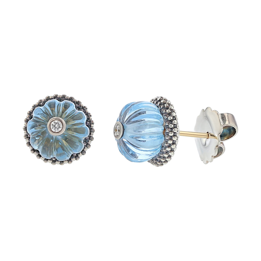 0.07ct Bezel Set Full Cut Diamond and Melon Bead Blue Topaz Caviar Forever Earrings by Lagos in Sterling Silver