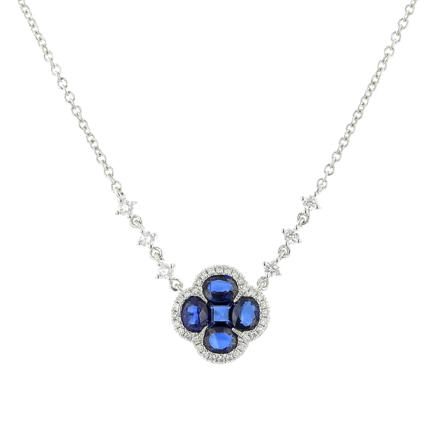 Round Diamond and Blue Sapphire Necklace in 14K White Gold, 18in
