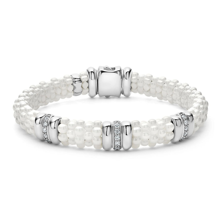 White Caviar 0.28ct Diamond 9mm Station Rope Bracelet in Sterling Silver and Ceramic, size 7