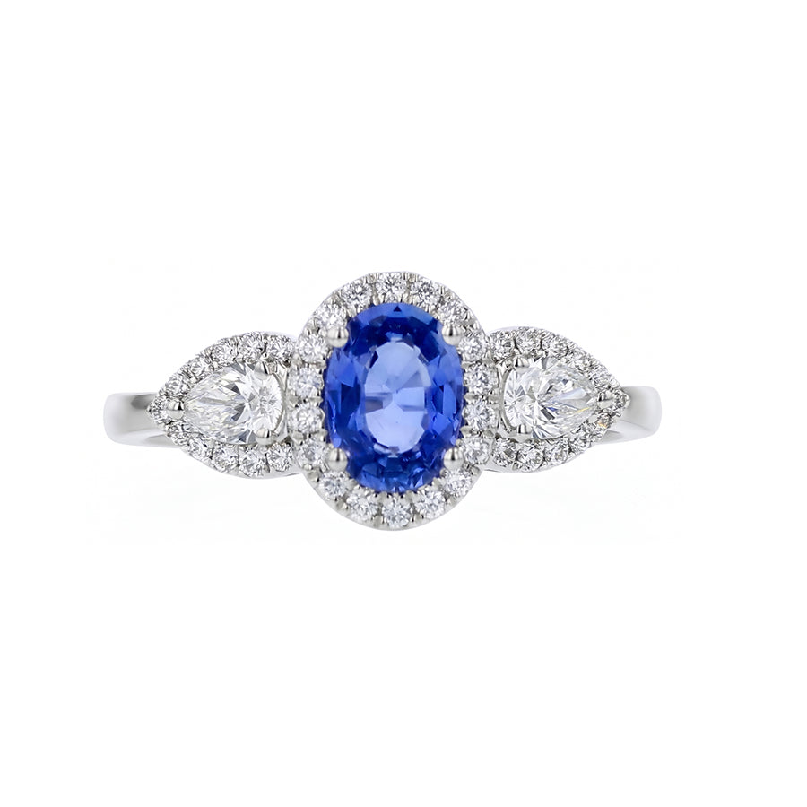 0.87ct Oval Blue Sapphire and 0.51ct Diamond 3 Stone Ring in 14K White Gold, size 7