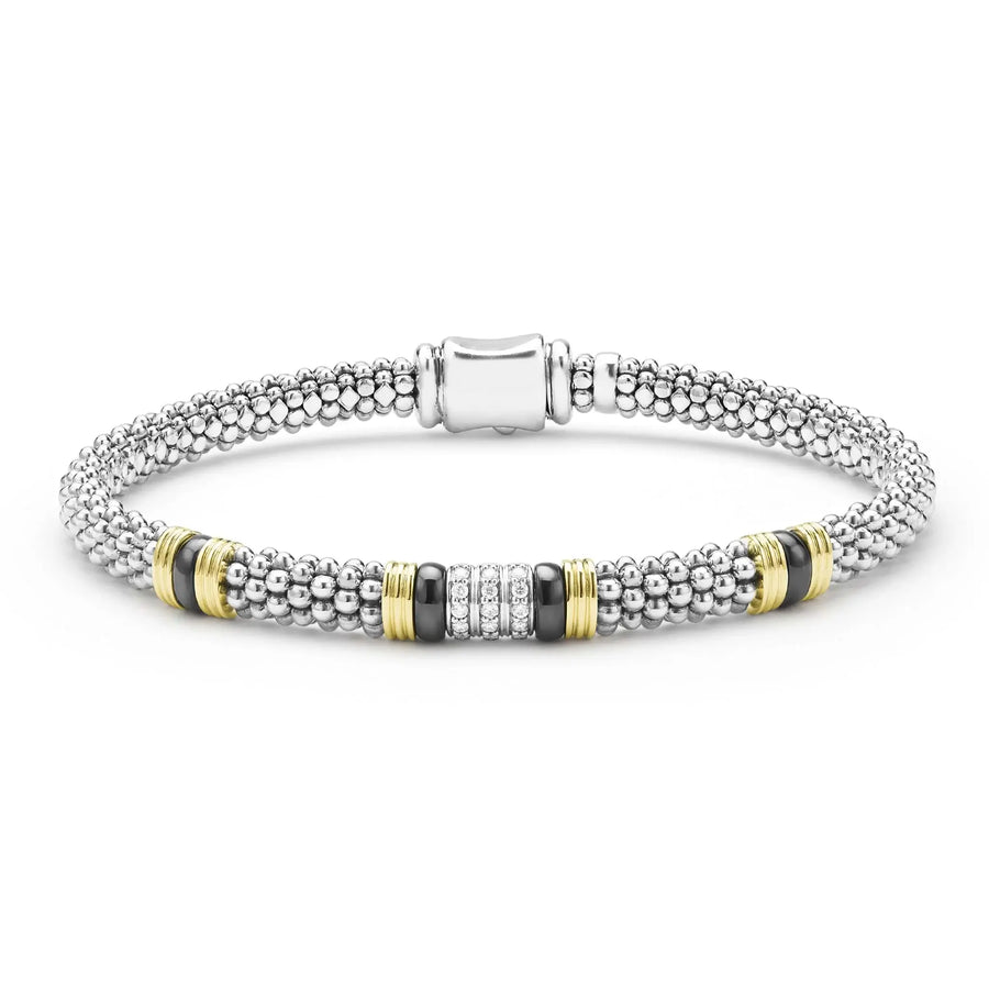 Black Caviar 0.15ct Diamond 6mm Stationed Rope Bracelet in Sterling Silver, 18K Yellow Gold and Ceramic, size 7
