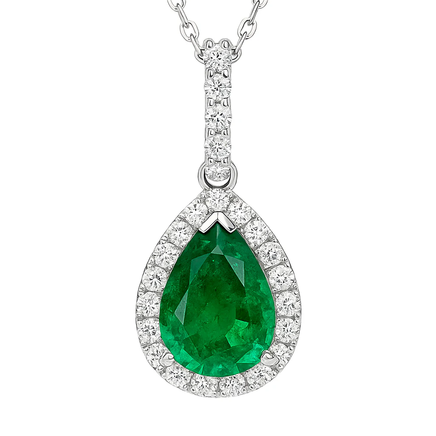2.83ct Pear Shape Emerald and 0.66ct Diamond Halo Pendant in 14K White Gold, 16-18" chain
