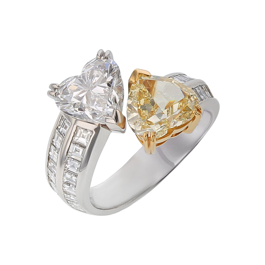 Bypass Heart Shaped Diamond and Square Diamond Ring in Platinum and 18K Yellow Gold