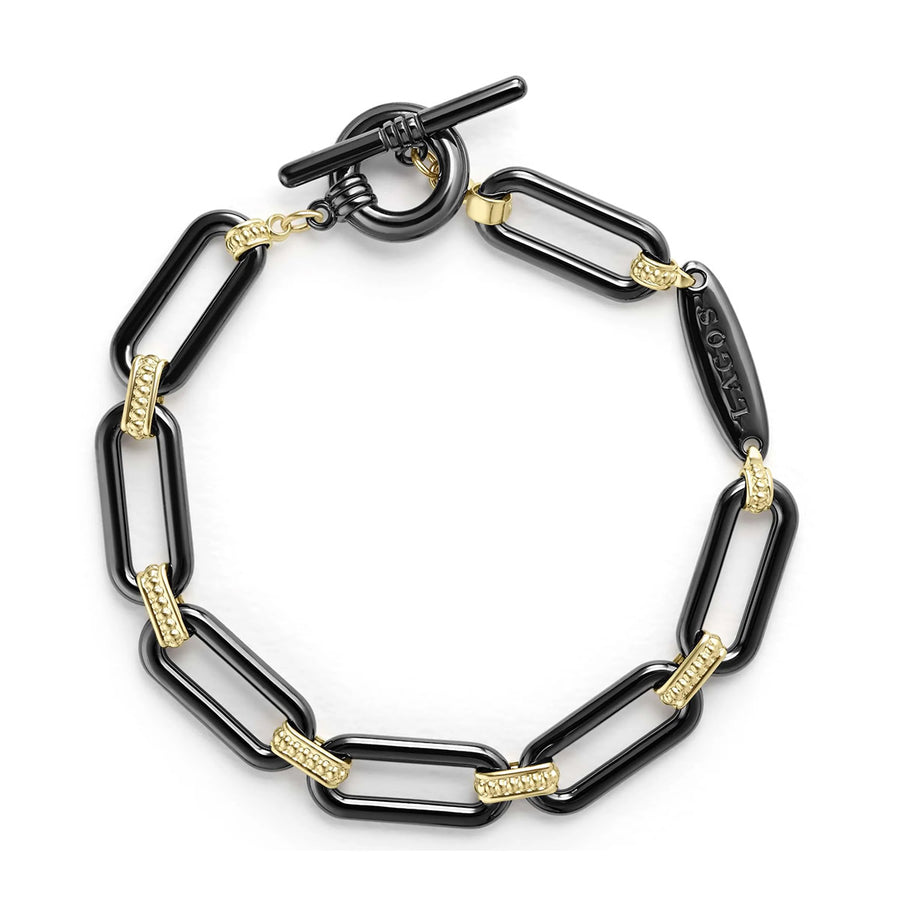 Signature Caviar Oval Link Bracelet in 18K Yellow Gold and Black Ceramic, size 7