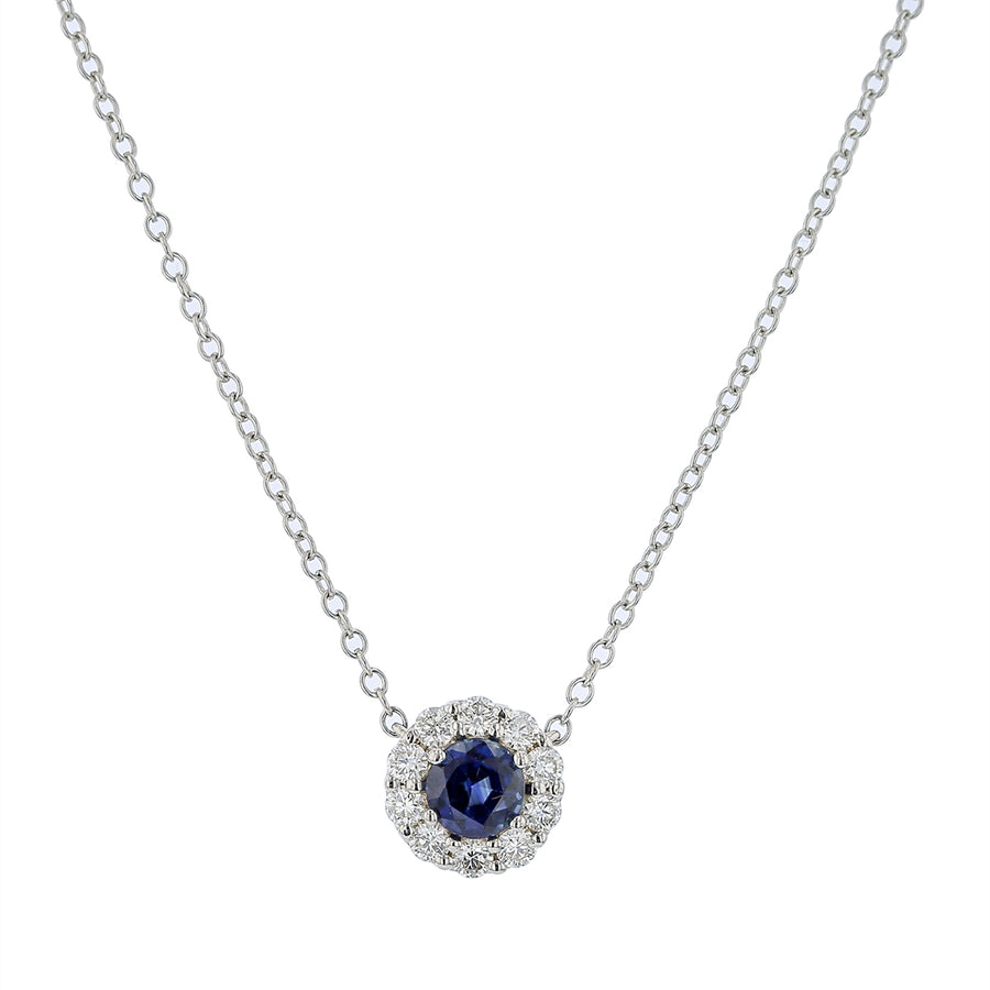 0.56ct Sapphire and 0.28ct Diamond Halo Necklace in 18K White Gold, 16"