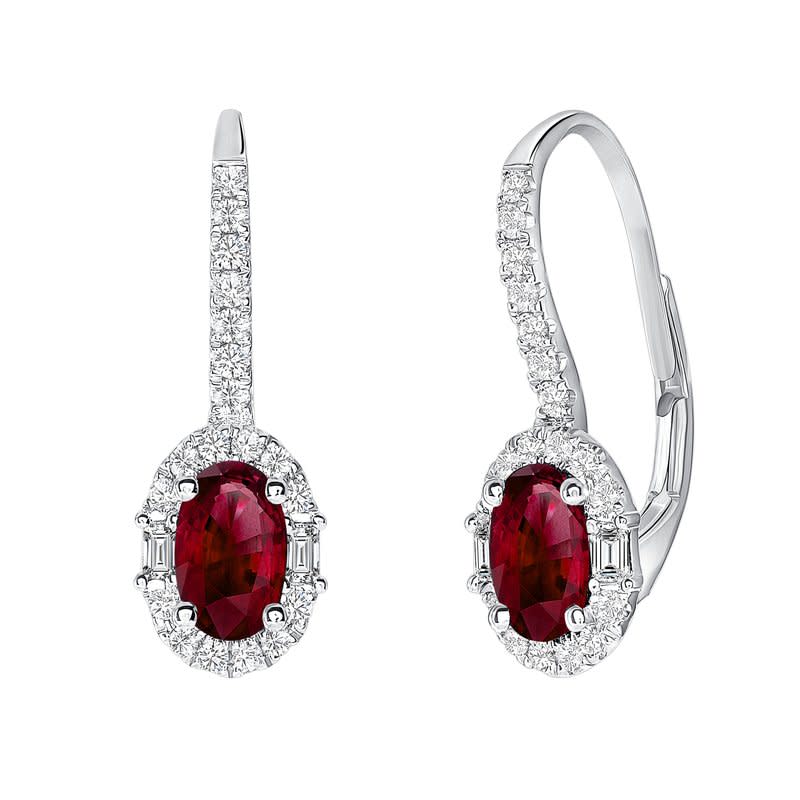 Precious 1.11ct Oval Ruby, 0.25ct Round Diamond and 0.09ct Baguette Diamond Halo Drop Earrings in 18K White Gold