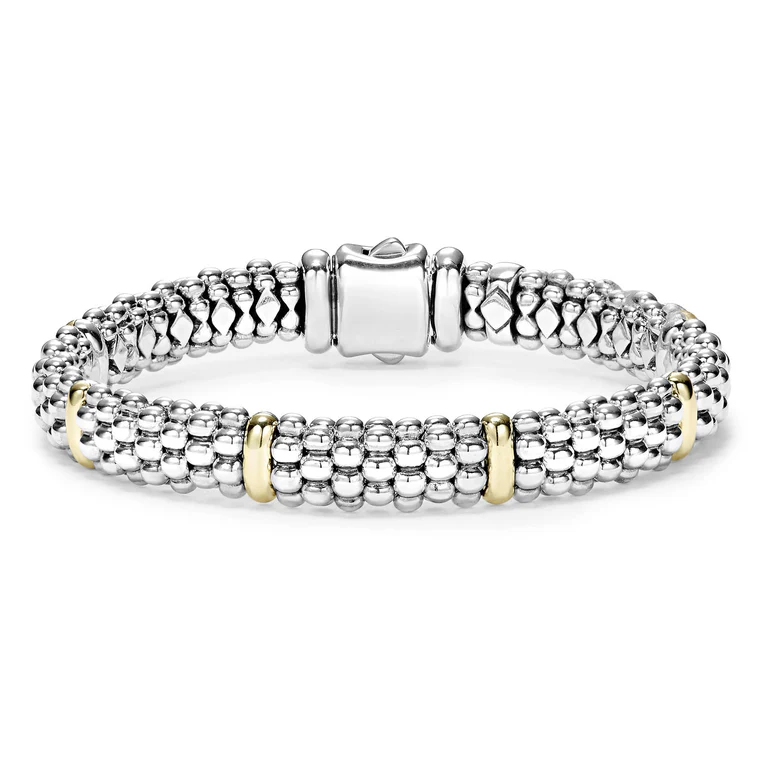 Signature Caviar 9mm 6 Station Rope Bracelet in 18K Yellow Gold and Sterling Silver, size 7
