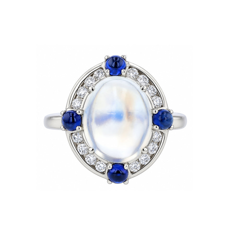 5.59ct Oval Moonstone (Oiled and Heated), 0.80ct Cabochon Sapphire and 0.32ct Diamond Halo Ring in Platinum Size 6.5