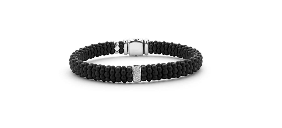 Black Caviar 0.13Ct Diamond Beaded Station Rope Bracelet in Sterling Silver, 18K Yellow Gold and Matte Black Ceramic, size 7