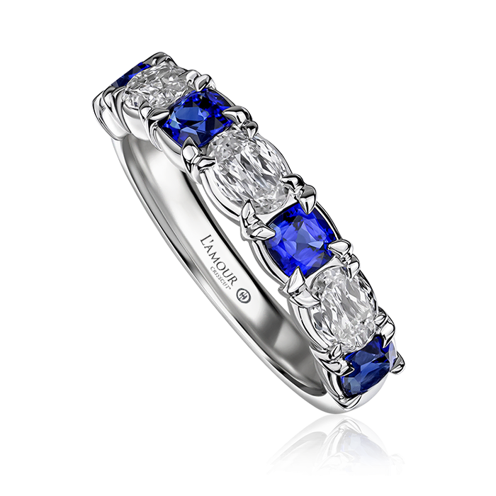 0.94ct Blue Sapphire and 0.95ct L'Amour Crisscut Diamond Band in 14K White Gold, Size 6.5