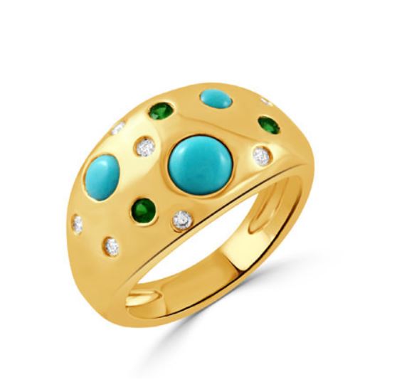 Pouf 0.14ct Tsavorite. 0.11ct Diamond and Turquoise Dome Ring in 18K Yellow Gold, size 6.5