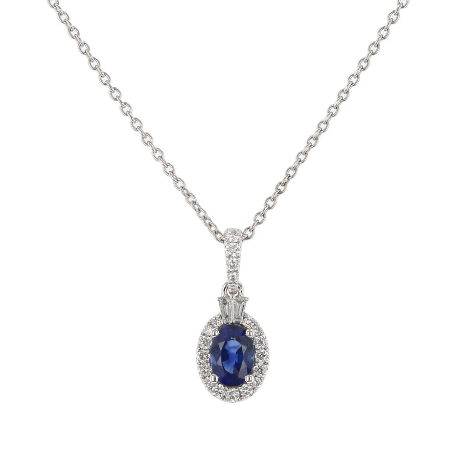 Precious 0.57ct Oval Sapphire and 0.19ct Round and Baguette Diamond Halo Pendant in 18K White Gold, 18"