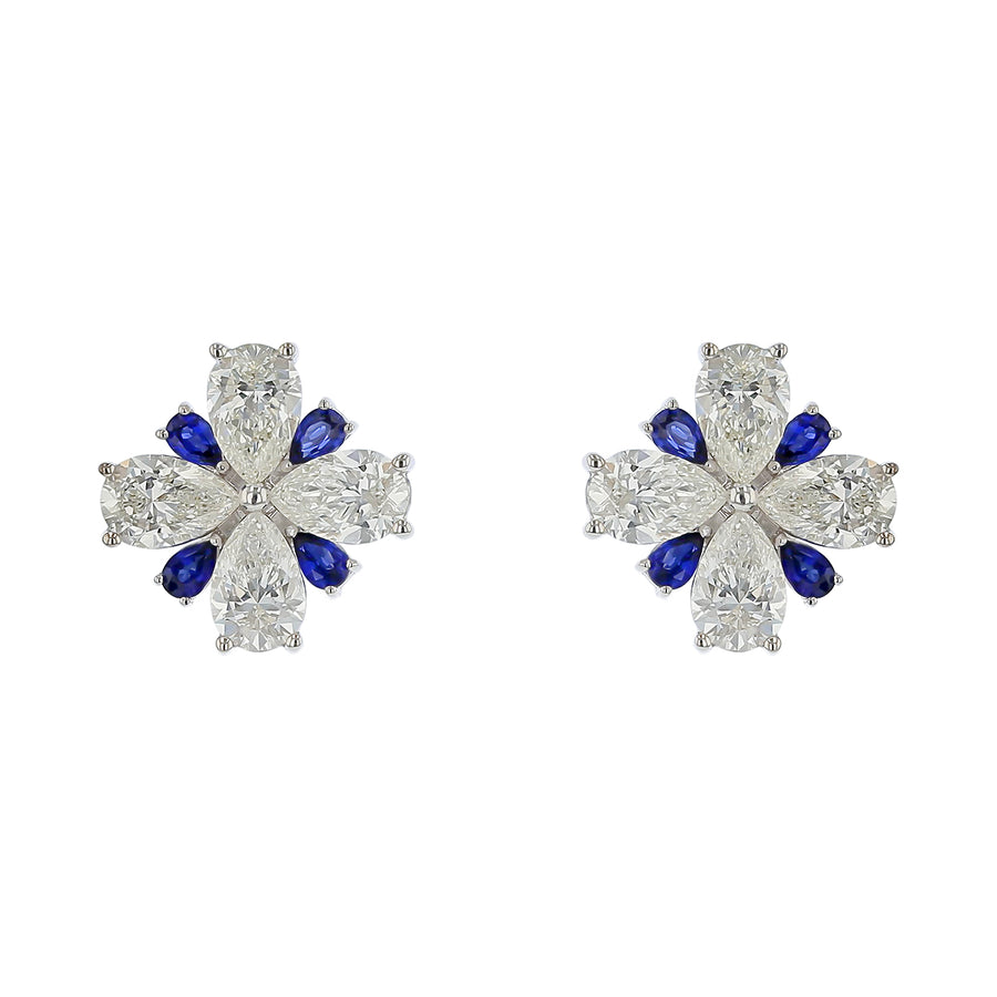 Scallop Jubilee Pear Shape Sapphire and Diamond Earrings in 18K White Gold