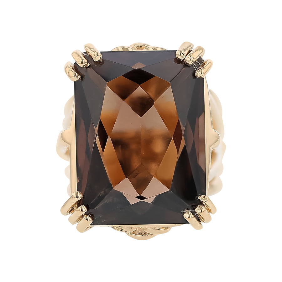 19.46ct Emerald Cut Smoky Quartz Freeform Ring in 14K Yellow Gold, size 5.5 8.10dwt