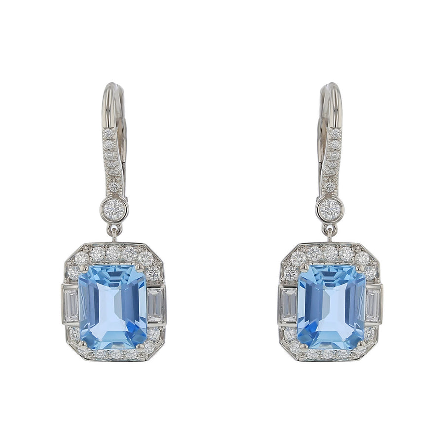 4.81ct Aquamarine (Heated) and 0.80ct Diamond Halo Drop Earrings in Platinum
