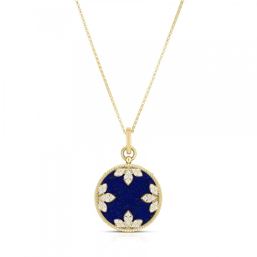 Colored Medallion 0.52ct Diamond and Blue Lapis Pendant in 18K Yellow Gold, 18" chain