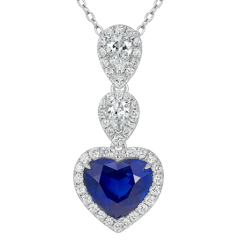 4.01ct Heart Shape Blue Sapphire, 0.85ct Pear and Round Diamond Halo Pendant in 18K White Gold, 16-18" chain