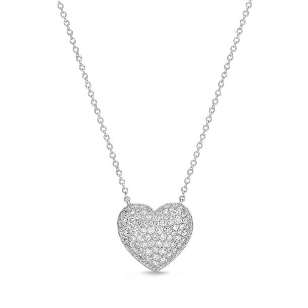 Pave Heart 0.46-0.53Ct Diamond Necklace in 18K White Gold, 18"