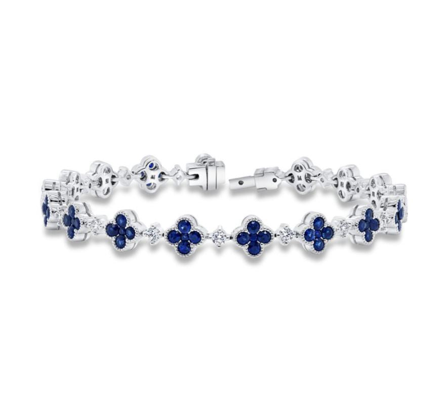 Precious Diamonds and Oval Blue Sapphire Alternating Bracelet in 18K White Gold