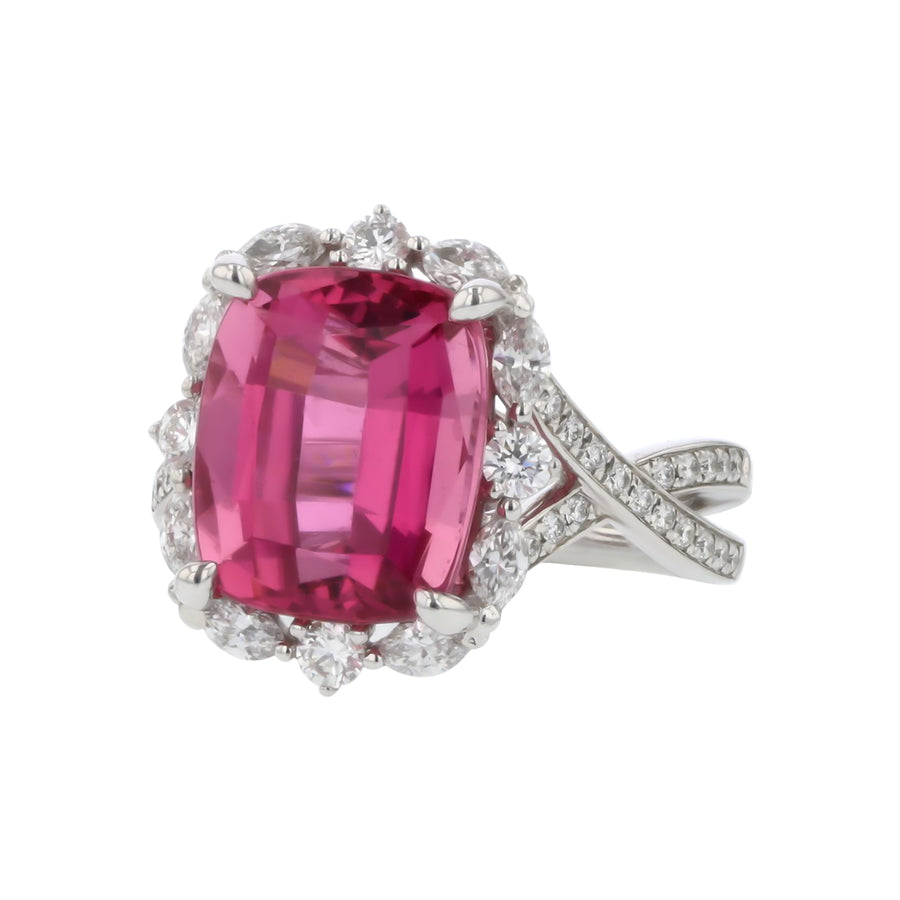 6.59ct Rubellite and 0.88ct Round and Marquise Diamond Halo Ring in 18K White Gold, Size 6.5