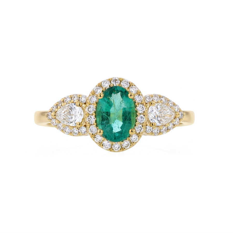 0.63ct Oval Emerald and 0.52ct Diamond 3 Stone Ring in 14K Yellow Gold, size 7