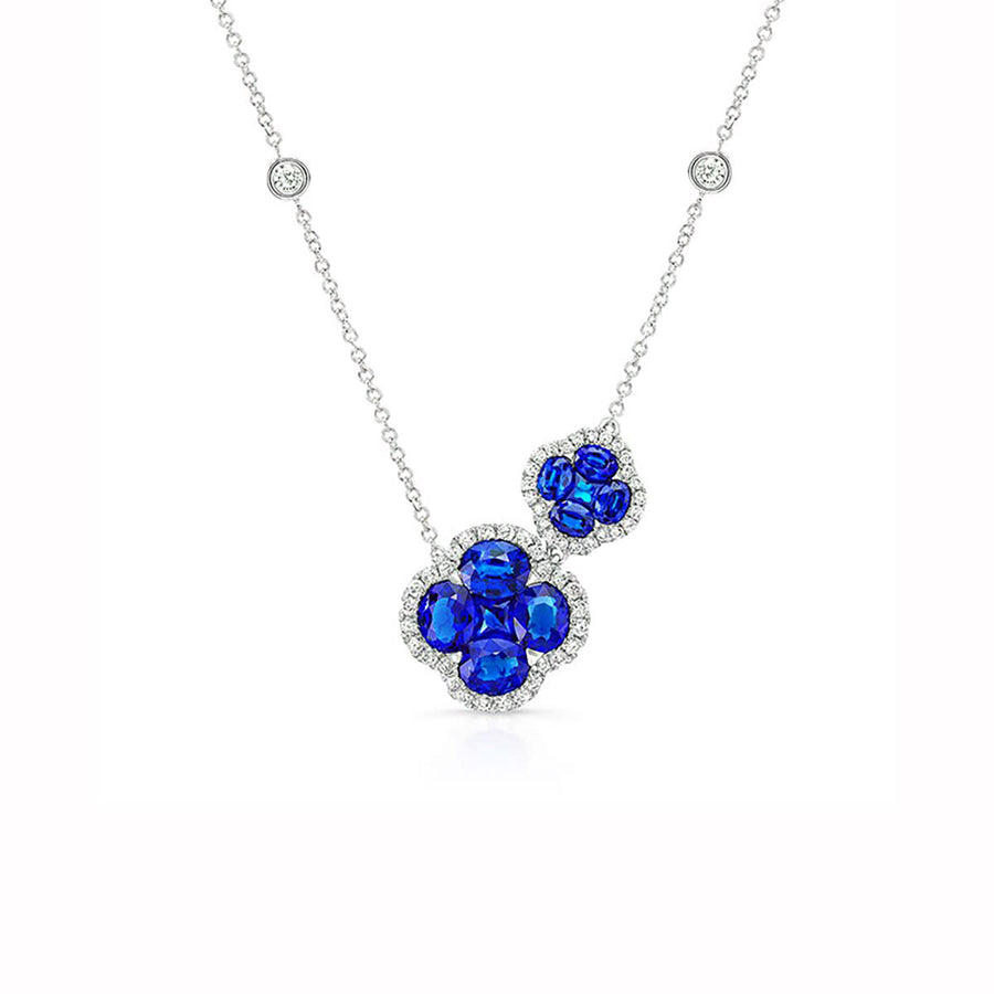 Sapphire and Diamond Two Piece Halo Necklace in 18K White Gold, 16in