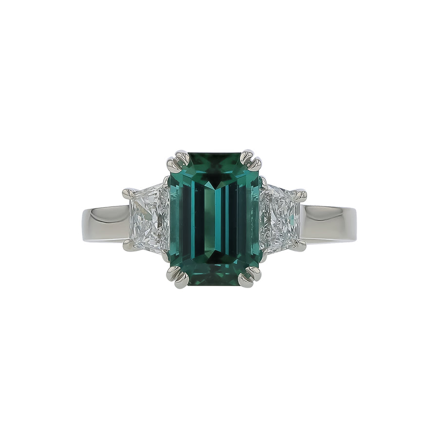 2.83ct Emerald Cut Nambian Tourmaline and 0.61ct Diamond Ring in Platinum, Size 6.5