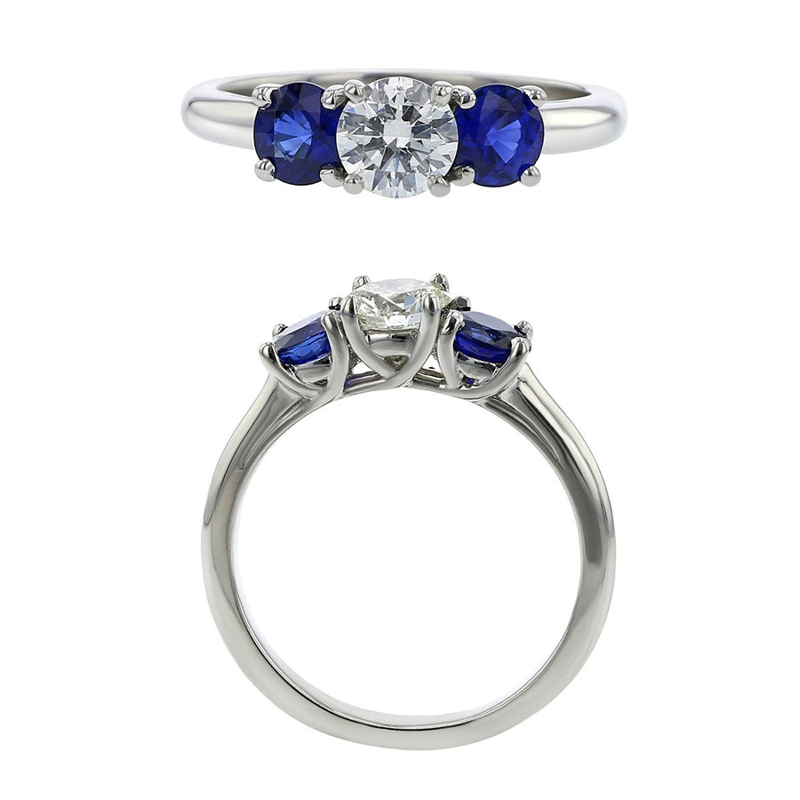 PLAT 1 F&I RB DIA=0.51CT (F/SI2) GIA AND 2 4.3MM RD BL SAPHS=0.60-1.05CTS (H) 3-STONE RING, SZ 6.5