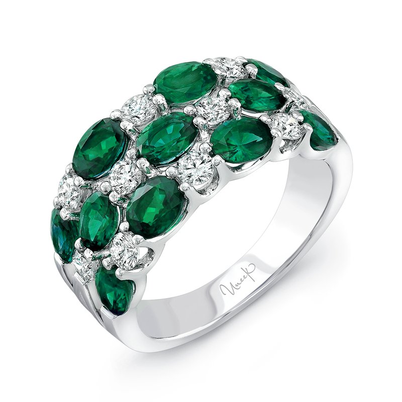 2.20ct Oval Emerald and 0.63ct Diamond 3 Row Checkerboard Ring in 18K White Gold